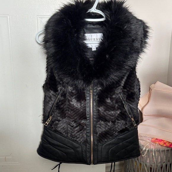 Guess Jackets & Blazers - Guess Women's Black Chevron Faux Fur Vest
